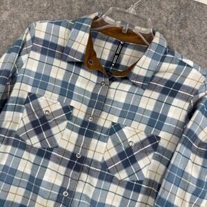 Kuhl Women’s LS Snap Flannel Shirt Pockets Teal Cream Gold Plaid Medium EUC 415